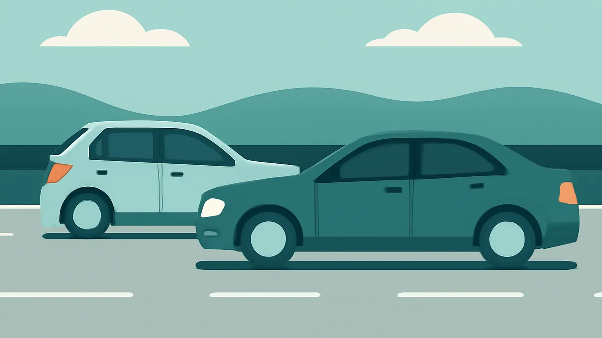 Two cars, one light blue and one dark blue, driving on a road with mountains and clouds in the background