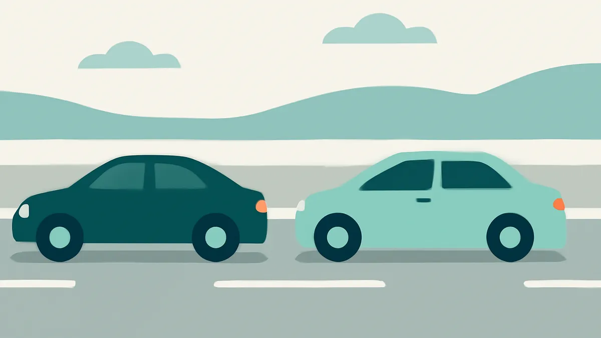 Two sedans on a road with mountains and clouds in the background, in a flat, minimalist style