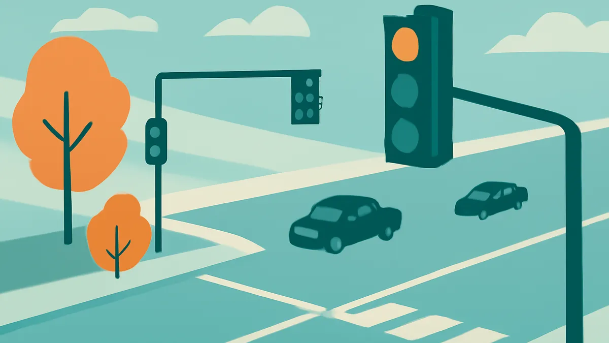 Two cars on a road with traffic lights and trees under a cloudy sky in a flat, stylized art style