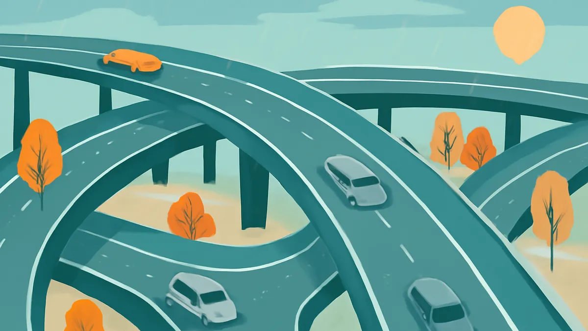 An orange car and three gray vans on a complex highway interchange with multiple overpasses, under a pale sky with an orange