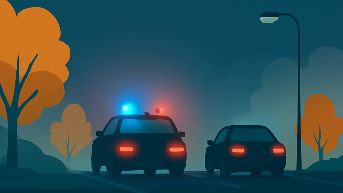 A police car with flashing lights and another car on a road at night, with trees and a street light