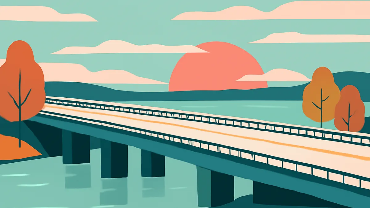 A bridge over water with trees and hills in the background under a sky with clouds and a setting sun