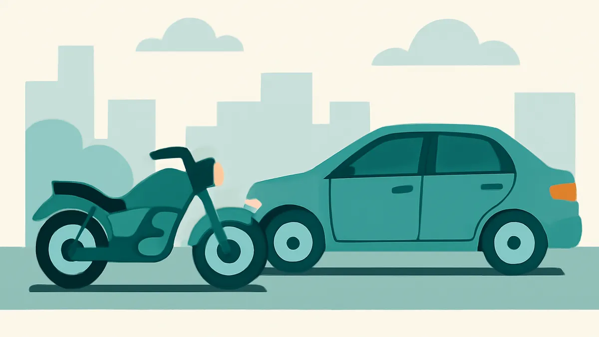 A motorcycle and a sedan in a collision on a street with city buildings and clouds in the background