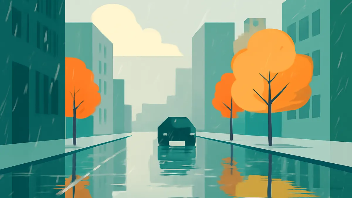 A car on a wet road in a city with buildings and trees in teal and orange tones under a light sky