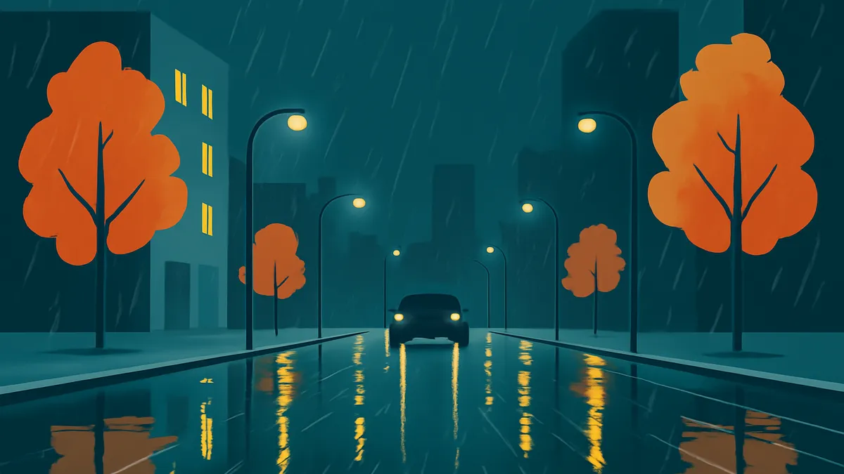 A car drives down a wet city street at night, illuminated by streetlights and building windows, with orange trees lining
