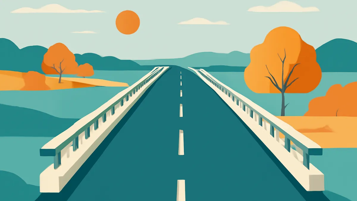 A straight highway bridge with white railings over a teal landscape with orange trees and sun under a light blue sky