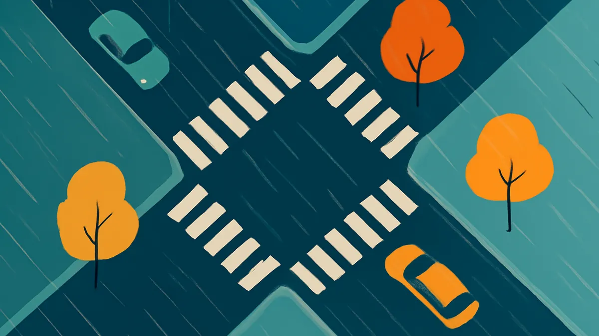 An overhead view of a rainy intersection with two cars and four trees in a flat, illustrative style