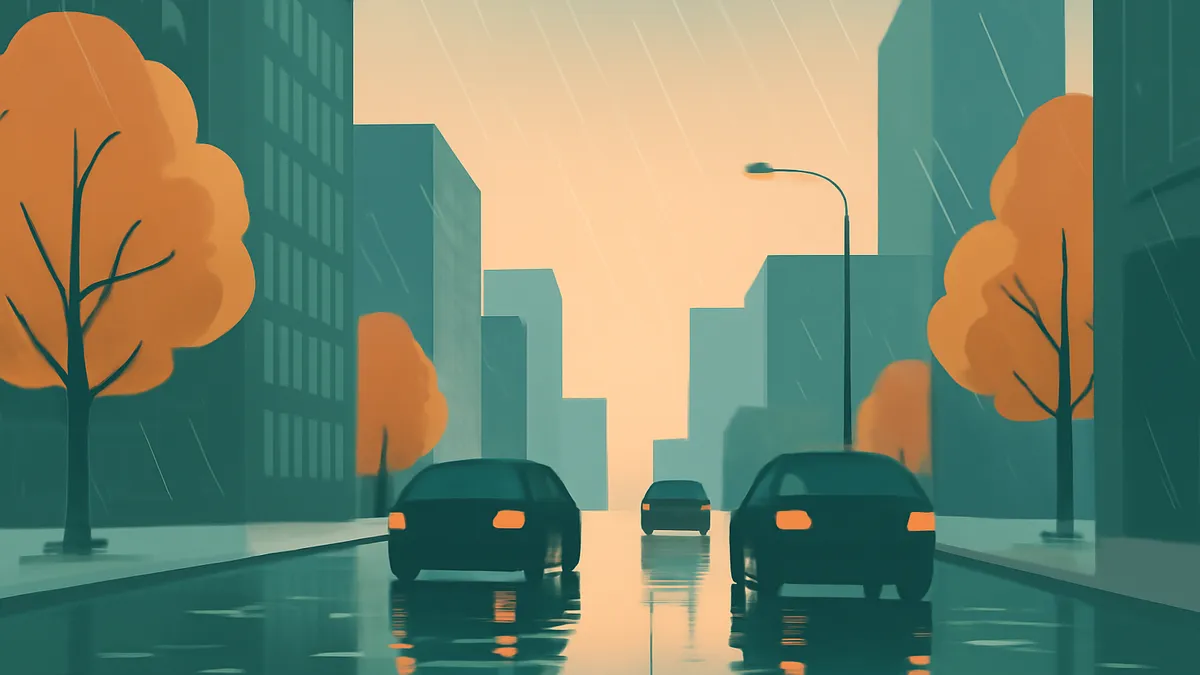 Three cars on a wet city street with buildings and trees under a light orange sky in teal and orange tones