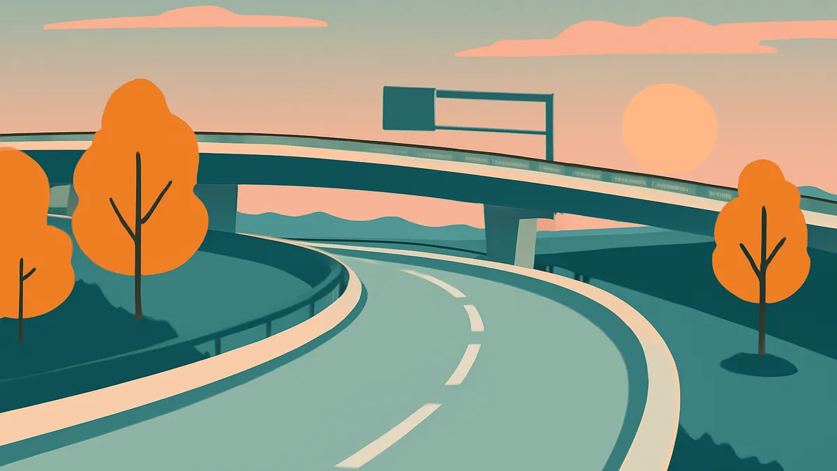 A highway scene with an overpass, a curved road, and trees under a sky with a sun and clouds in flat teal and orange tones