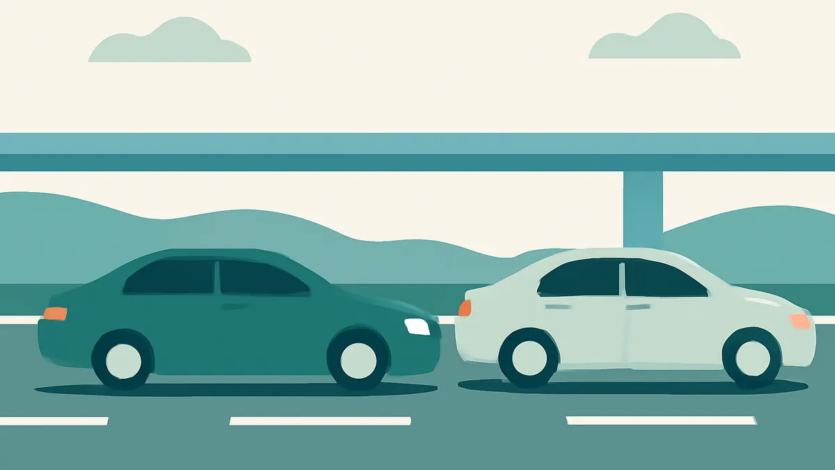Two cars, one teal and one light gray, are stopped on a road with mountains and an overpass in the background