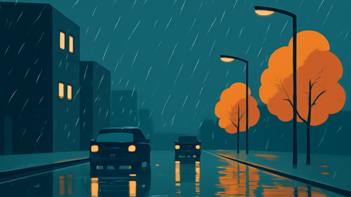 A pickup truck and a sedan on a wet two-lane highway at dusk in flat teal tones
