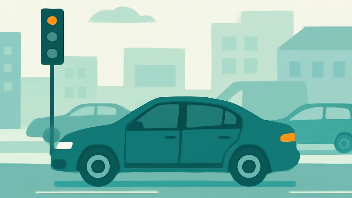 A teal sedan is stopped at a traffic light showing orange, with other cars and buildings in the background