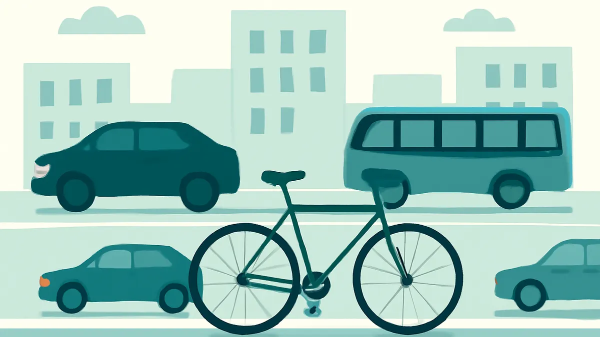 A bicycle in the foreground with cars and a bus on a road, and buildings in the background, all in teal tones