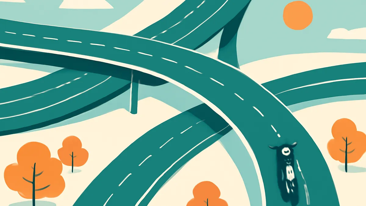 An overhead view of a highway interchange with a single black car on one of the roads, in a flat, stylized art style