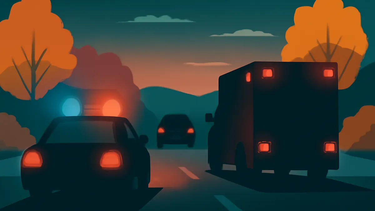 A police car and an ambulance with flashing lights on a road at dusk, with another car in the distance