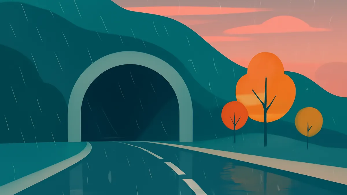A road leading into a tunnel on a rainy day, with hills and trees under a pink sky