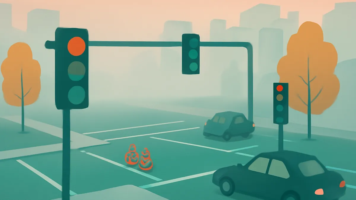 A city street scene with two cars, traffic lights, and trees in a muted teal and orange color palette