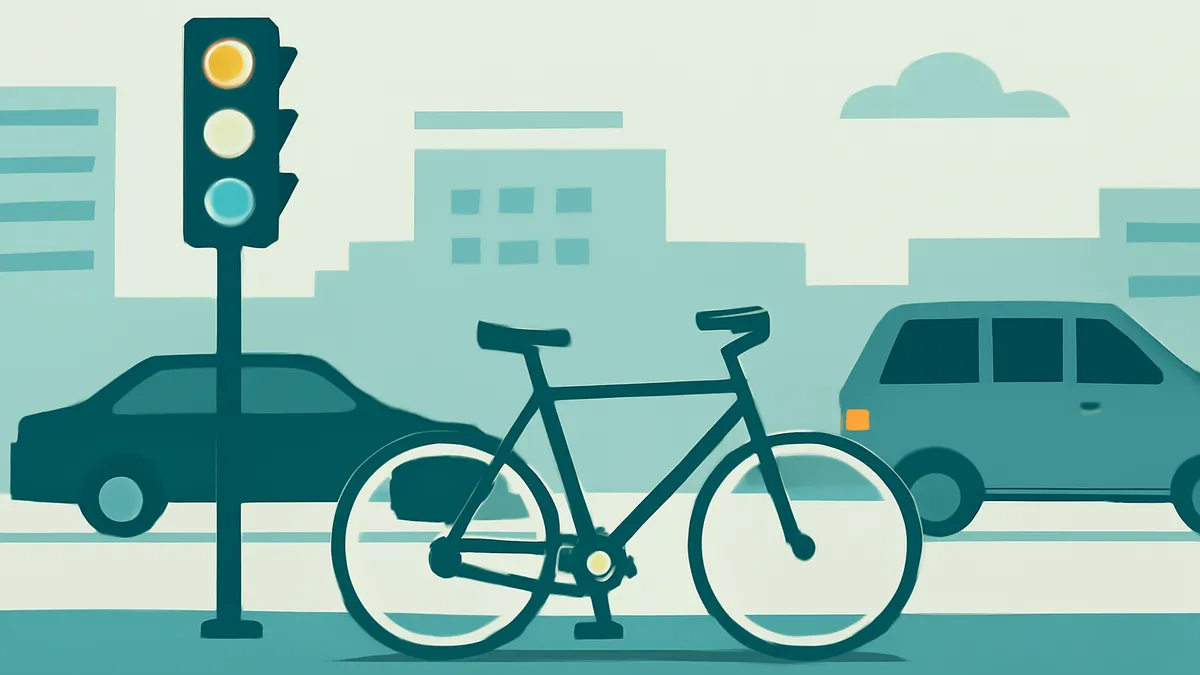 A bicycle, a traffic light, and two cars in a city scene with buildings and a cloud in muted teal and white