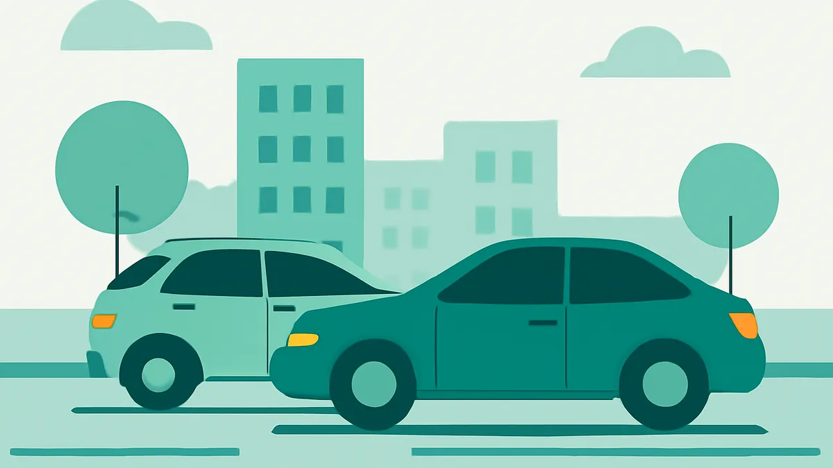 Two cars, one light teal and one dark teal, are shown in a rear-end collision in a city street