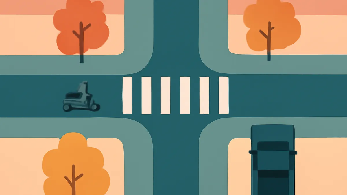 An overhead view of a four-way intersection with a crosswalk, a scooter, and a car in a flat, stylized art style