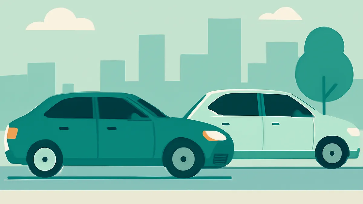 Two cars, one teal and one light blue, driving on a road with a city skyline and trees in the background