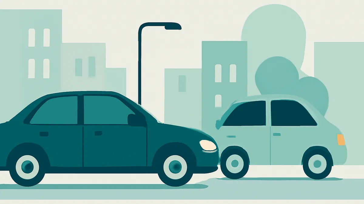 Two cars on a street with buildings and a street light in the background, in a flat, minimalist style