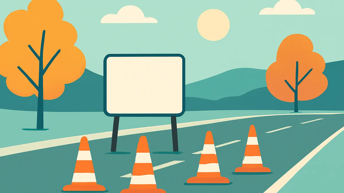 A blank sign and four orange traffic cones on a road with trees and mountains in the background under a sunny sky