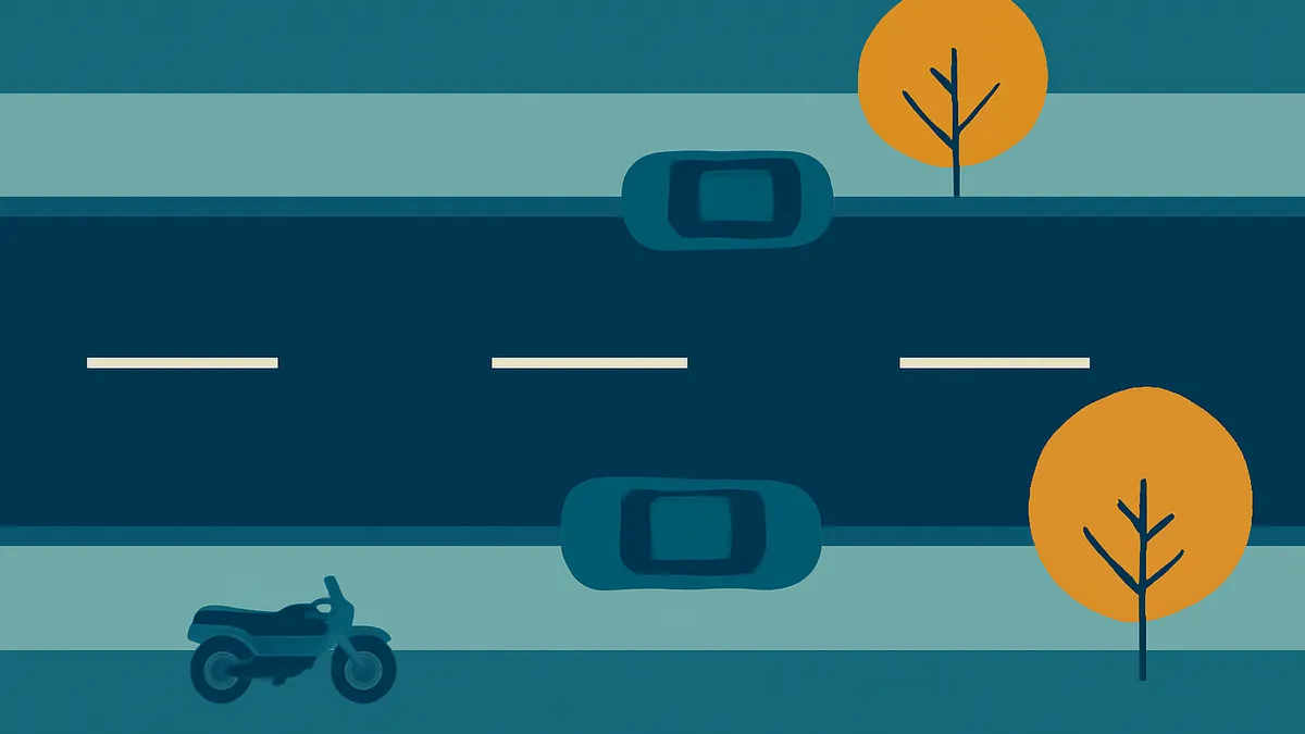 A top-down view of a two-lane road with two cars and a motorcycle, flanked by two trees, in a flat, stylized art style