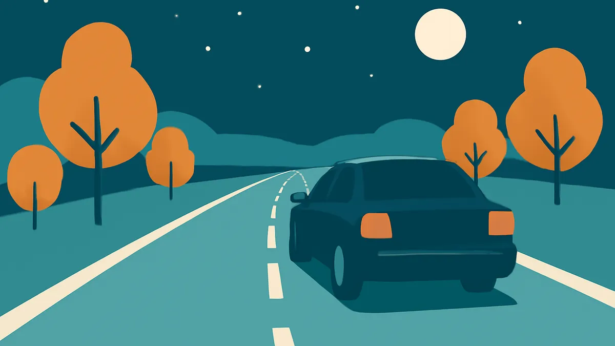A dark car drives on a two-lane road at night, with orange trees and a full moon in the sky