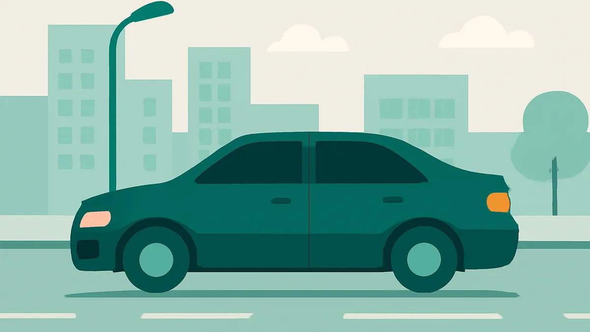 A teal sedan drives on a road with a city skyline and a street light in the background
