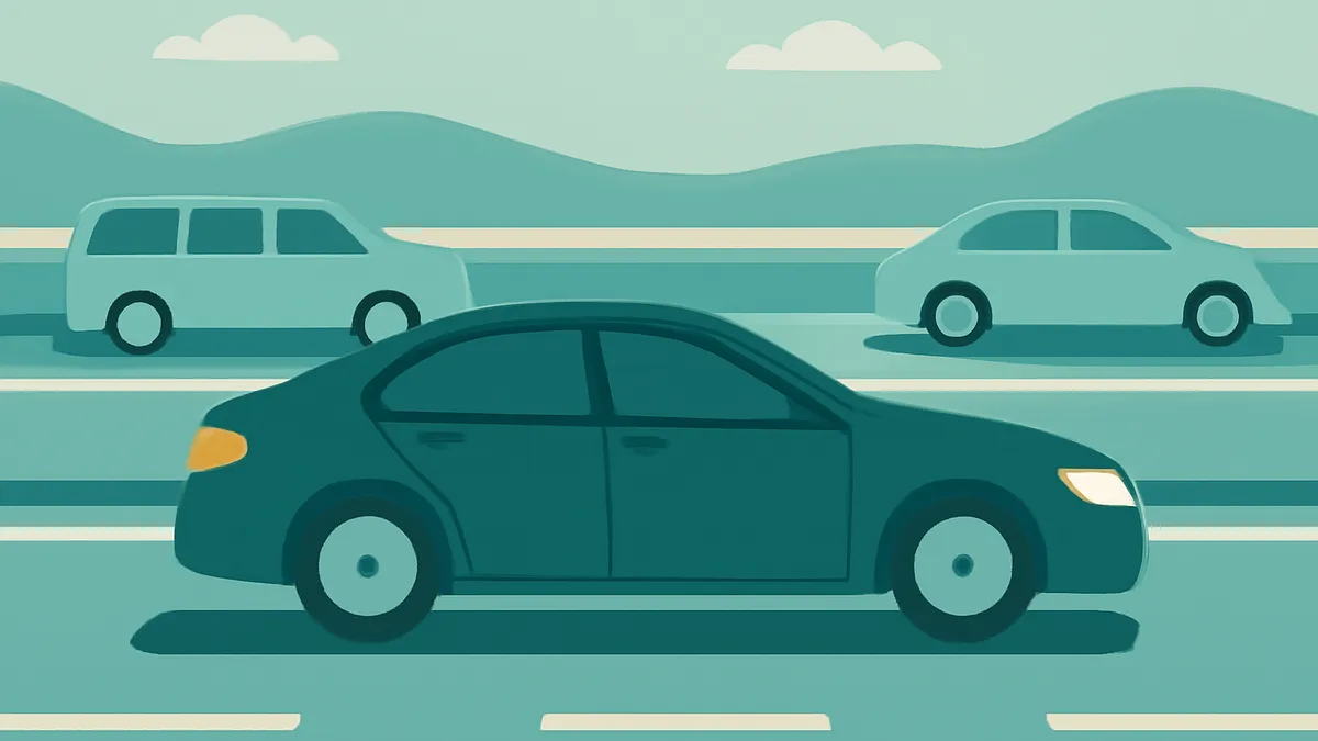 Three cars on a multi-lane highway with rolling hills and clouds in the background, all in teal tones