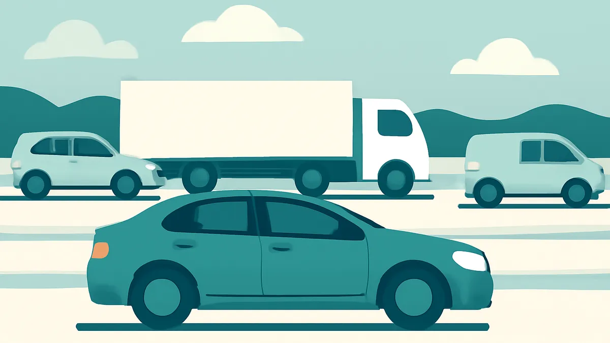 Four vehicles, a sedan, a hatchback, a box truck, and a van, driving on a road under a cloudy sky