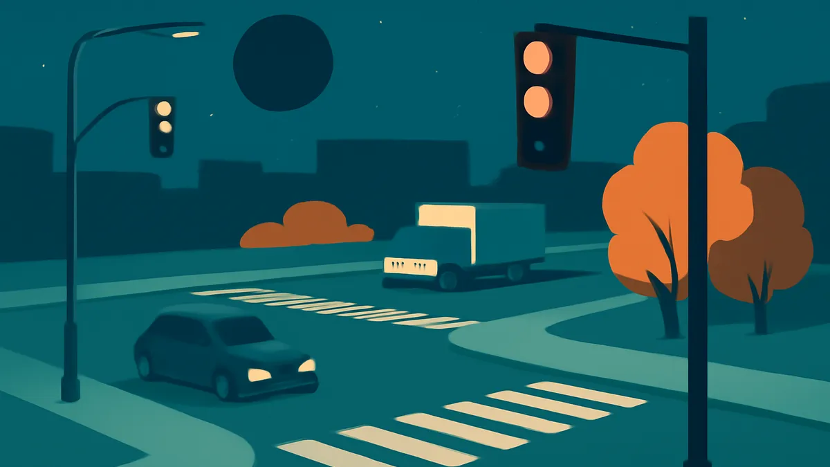 A car and a truck at a crosswalk under streetlights and traffic lights at night in teal and orange tones
