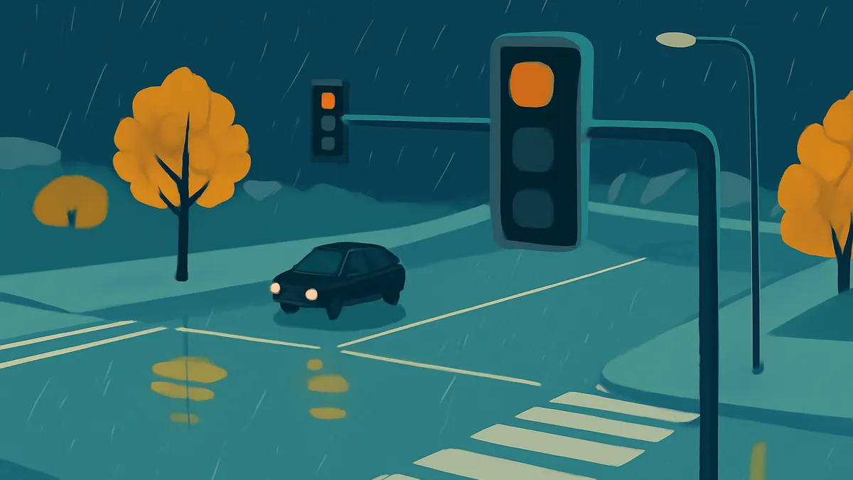 A dark car on a wet road at an intersection with traffic lights showing orange, under a rainy night sky