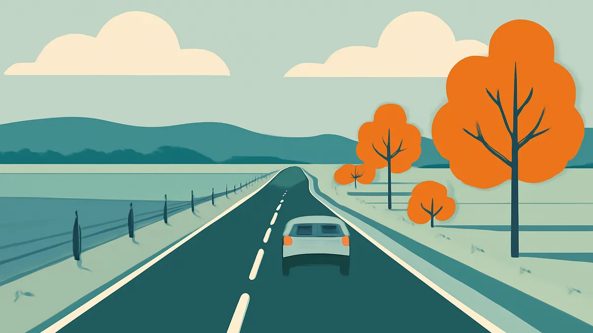 A light blue car drives away on a dark blue road with white dashed lines, with orange trees and blue hills