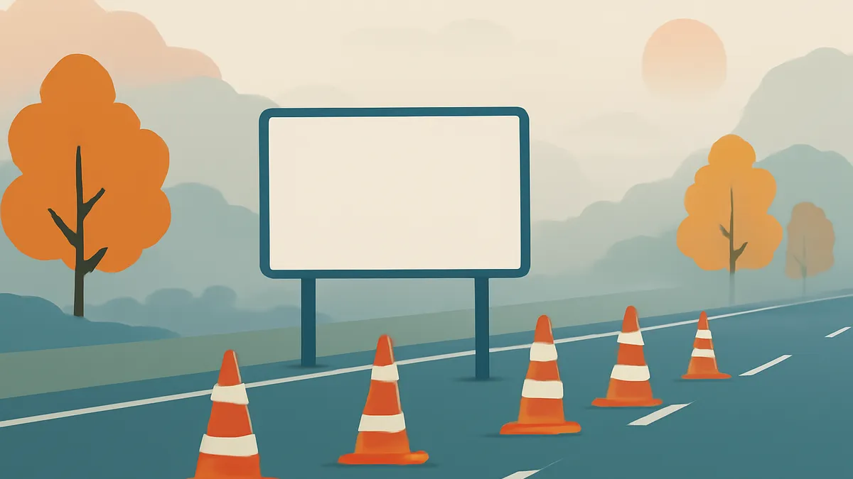 A highway with orange traffic cones and a blank billboard, with trees and mountains in the background under a hazy sky