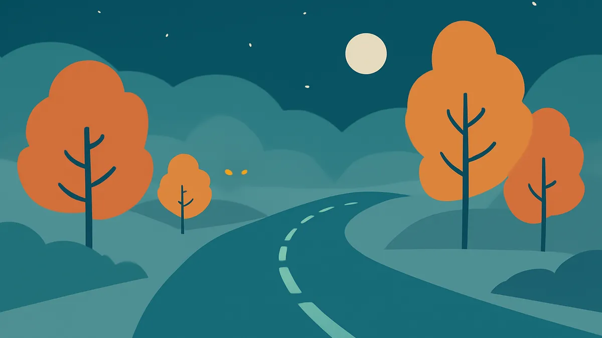 A winding road at night with orange trees and a full moon in a flat, illustrative style