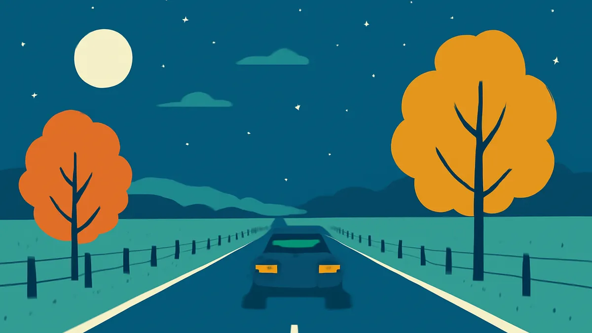 A car drives down a road at night, with two trees on either side and a full moon in the sky