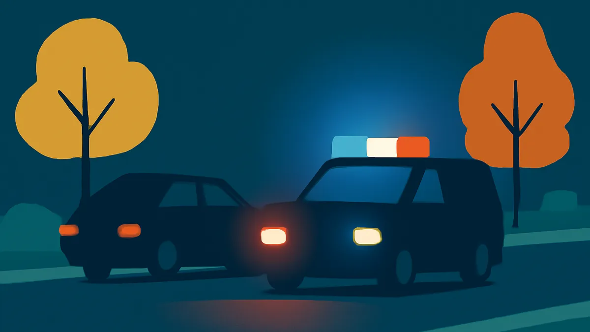 Two dark cars, one with flashing lights, on a dark road at night with two trees with orange and yellow leaves