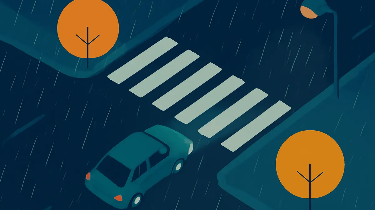 A teal car on a dark blue street with a white crosswalk, two orange trees, and a street light in the rain