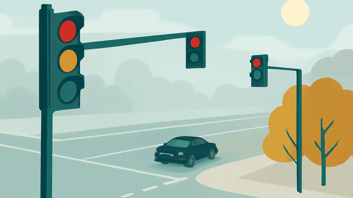 A black car at an intersection with traffic lights and a tree under a hazy sky