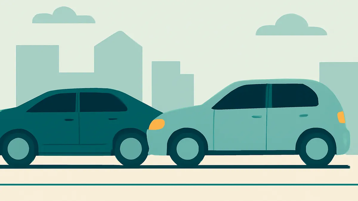 Two cars, one dark teal and one light teal, are shown in a side-by-side collision with a city skyline in the background