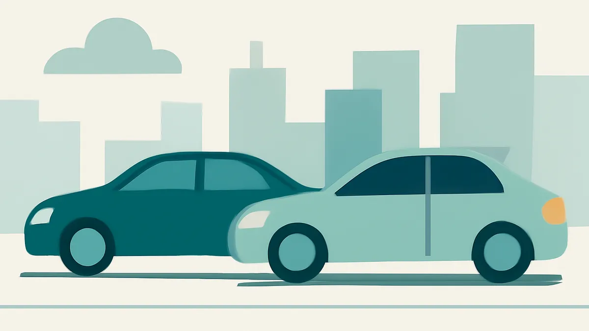 Two cars, one dark teal and one light teal, are parked side-by-side in front of a city skyline