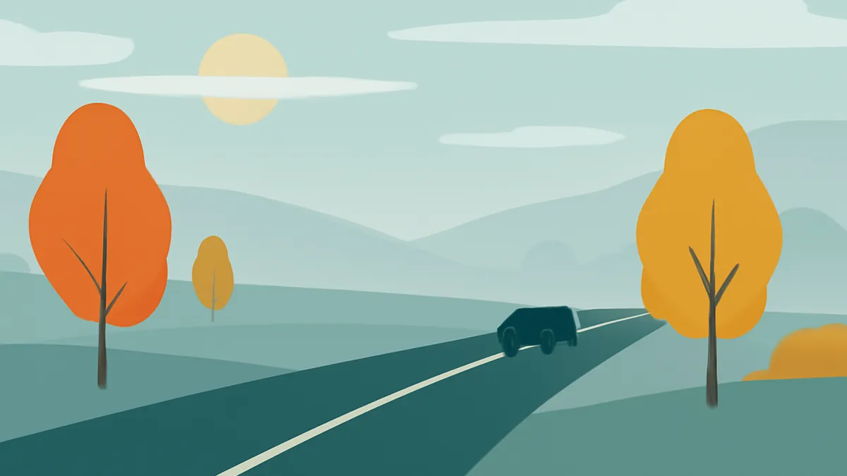 A dark car drives on a two-lane road through a landscape with orange trees and blue-green hills under a pale sun