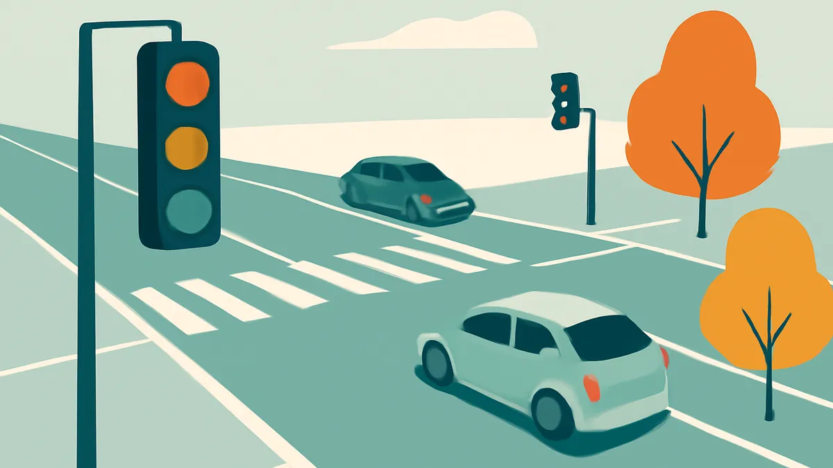 Two cars on a road with a crosswalk and traffic lights, with trees on the side, in a flat illustration style