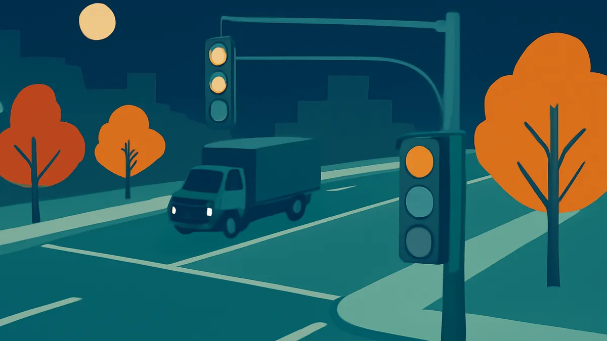 A truck on a road at night with traffic lights and trees in a flat, stylized art style