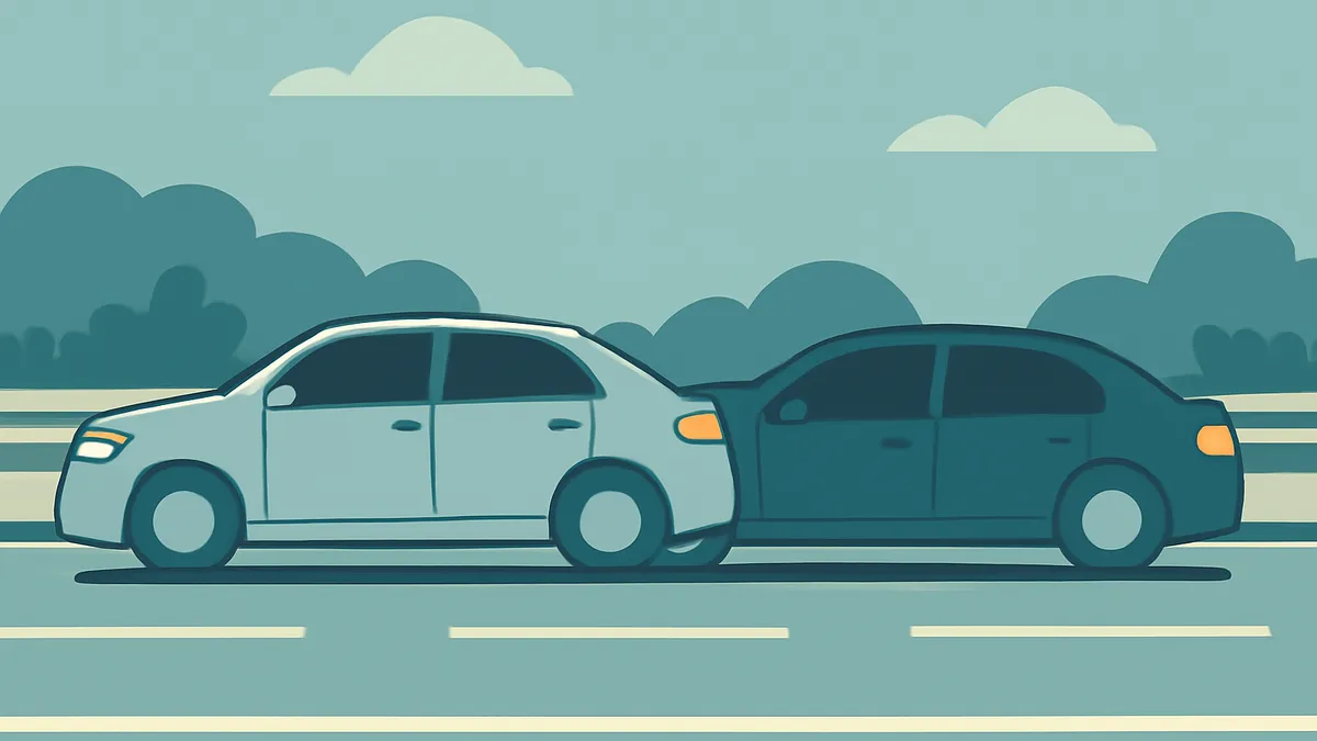 A light blue car rear-ends a dark blue car on a road with white lines, under a sky with clouds and trees