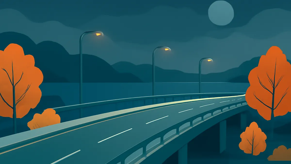 A highway overpass at night with streetlights, orange trees, and a full moon in a dark blue sky