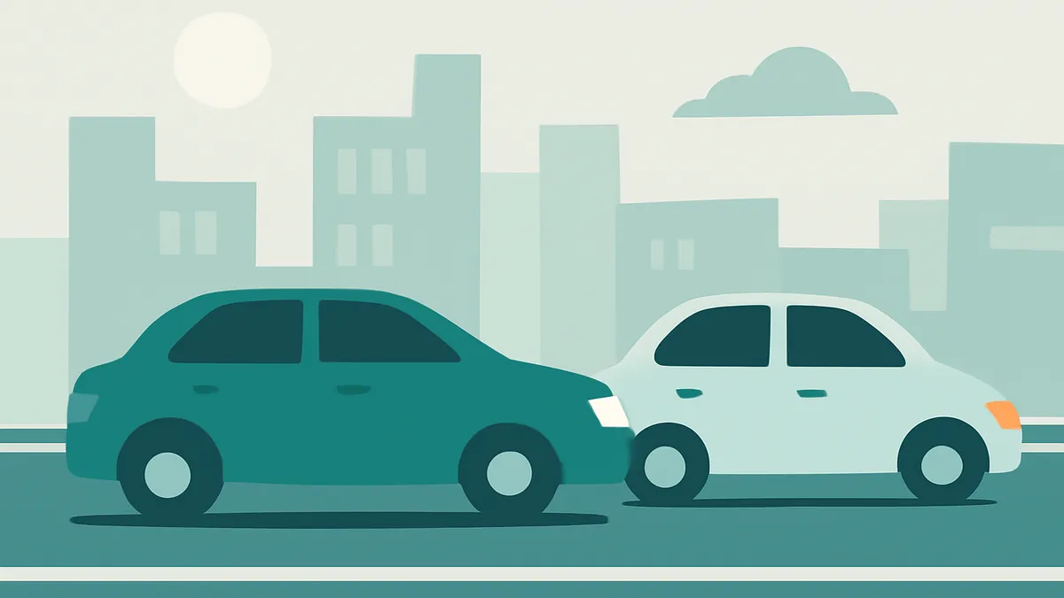 Two cars, one teal and one light blue, stopped on a road in front of a city skyline with a sun and cloud