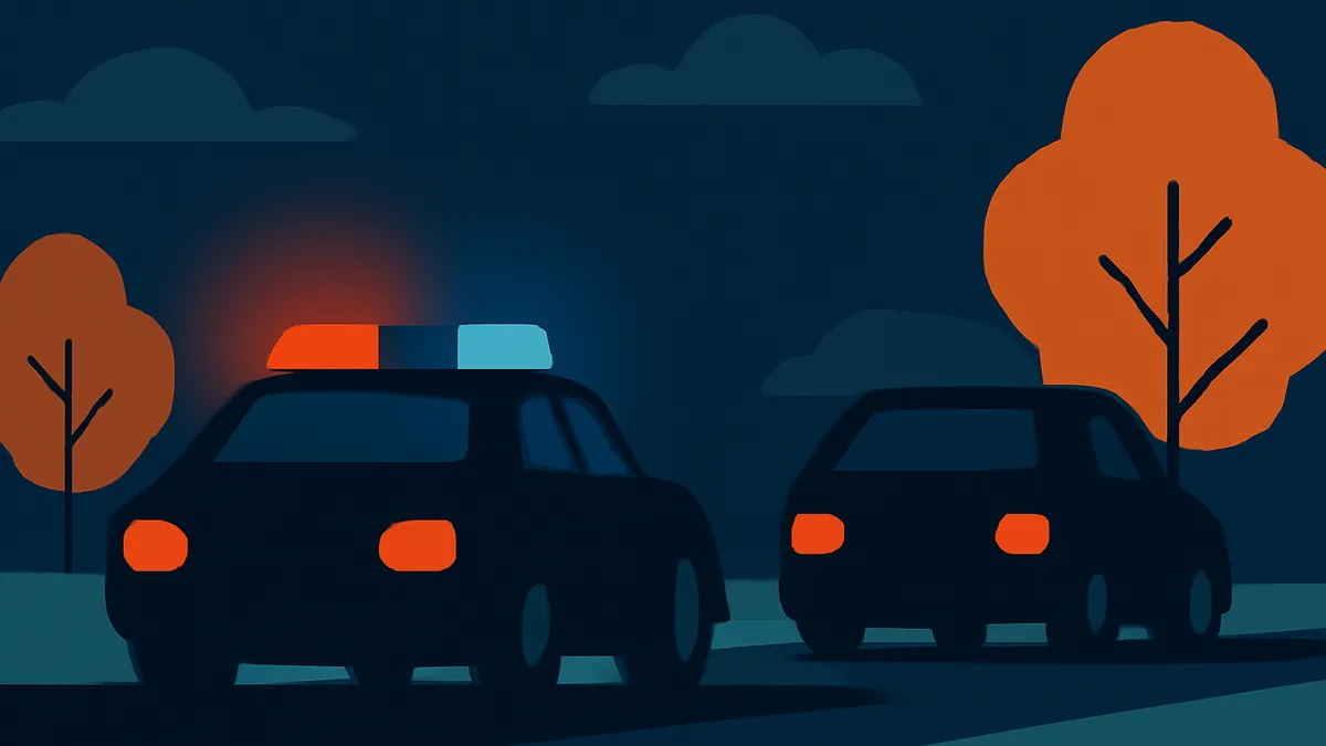 Two dark cars, one with flashing red and blue lights, on a dark road with orange trees and clouds